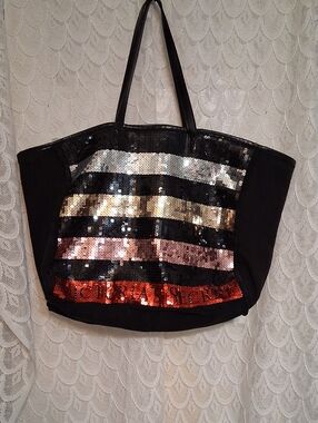 Victoria's Secret Black Sequin Striped Tote